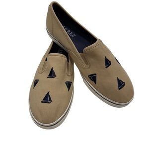 Ralph Lauren Women’s Tan Canvas W/ Sailboats Slip On Sneakers Sz 7.5 NEW